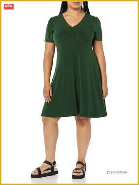 Short Sleeve V-Neck Fit and Flare Dress Rayon Stretch Jersey Casual Dress